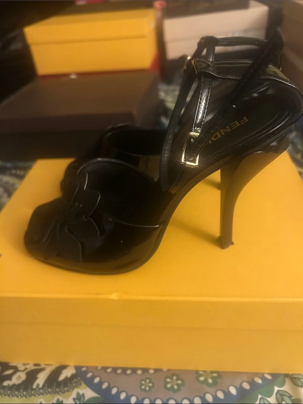 Fendi Black Patent Leather Floral Ankle-Strap Heels